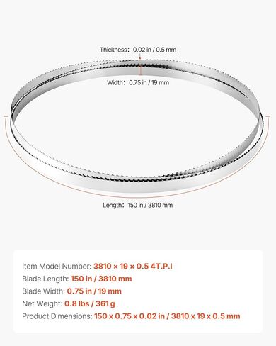 VEVOR Bandsaw Blade, 150 Inch Length, 4 TPI Band Saw Blade with 18 HRC Hardened Sharp Teeth, SK5 High-Strength Carbon Steel, 0.75 Inch Width, Replacement for Major Woodworking Band Saw Brands, 1 Pack in Kuwait