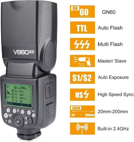 Godox Ving V860II-S 2.4G HSS 1/8000 TTL Li-on Battery V860II Camera Flash Speedlite for Sony A7 A7R A7S A7II A7RII A58 A99 A6000 A6300 Camera | GN60, HSS 1/8000s, 1.5s recycle,20-200mm Zoom, 2.4G Wireless Speedlite, 2000mAh battery, diffuser kit included in Saudi Arabia