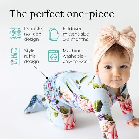 Posh Peanut Footie Pajamas for Baby Girls, Soft Viscose Derived from Bamboo | Footed Grips, True To Size Snug Fit, And Easy Care Wash, Ruffle Bodice With 2-Way Zipper for Easy Access, in Kuwait