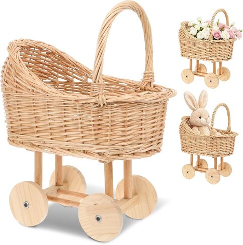 Wicker Flower Girl Basket with Handle Vintage Wicker Baby Carriage for Baby Shower Decorative Woven Rattan Stroller Shaped Flower Basket for Wedding Floral Arrangement in Kuwait