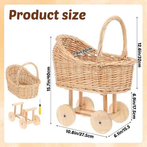 Wicker Flower Girl Basket with Handle Vintage Wicker Baby Carriage for Baby Shower Decorative Woven Rattan Stroller Shaped Flower Basket for Wedding Floral Arrangement in Kuwait