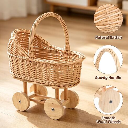 Wicker Flower Girl Basket with Handle Vintage Wicker Baby Carriage for Baby Shower Decorative Woven Rattan Stroller Shaped Flower Basket for Wedding Floral Arrangement in Kuwait