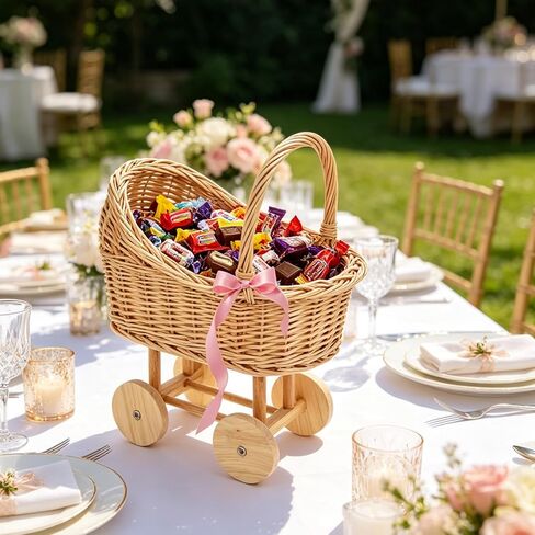 Wicker Flower Girl Basket with Handle Vintage Wicker Baby Carriage for Baby Shower Decorative Woven Rattan Stroller Shaped Flower Basket for Wedding Floral Arrangement in Kuwait