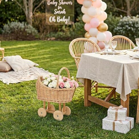 Wicker Flower Girl Basket with Handle Vintage Wicker Baby Carriage for Baby Shower Decorative Woven Rattan Stroller Shaped Flower Basket for Wedding Floral Arrangement in Kuwait