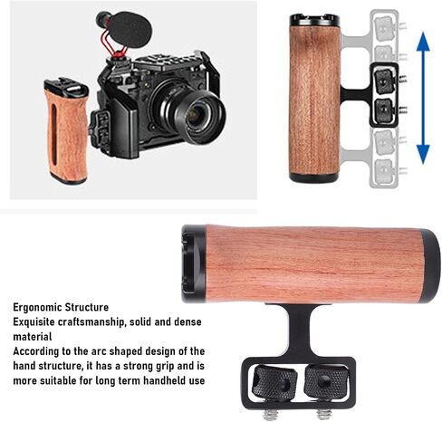 ciciglow Camera Cage Side Handle, Wooden Hand Grip for DSLR Mirrorless Cameras Adjustable Left Right Installation with Cold Shoe Mount 1/4in Thread Hole in Kuwait