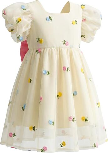 Toddler Baby Girl Dress Puff Sleeve Flower Summer Clothes | Floral Embroidered Tulle / Peter Pan Collar Heart in Kuwait