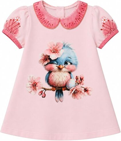 Toddler Girl Peter Pan Collar Dress, Hand Painted, 100% Combed Cotton, Cute Sparrow Pink Dress, 3T-8T in Kuwait
