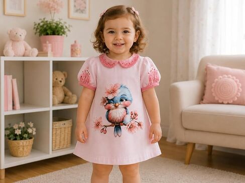 Toddler Girl Peter Pan Collar Dress, Hand Painted, 100% Combed Cotton, Cute Sparrow Pink Dress, 3T-8T in Kuwait