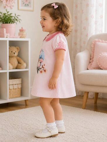 Toddler Girl Peter Pan Collar Dress, Hand Painted, 100% Combed Cotton, Cute Sparrow Pink Dress, 3T-8T in Kuwait