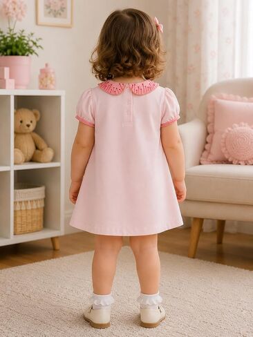 Toddler Girl Peter Pan Collar Dress, Hand Painted, 100% Combed Cotton, Cute Sparrow Pink Dress, 3T-8T in Kuwait