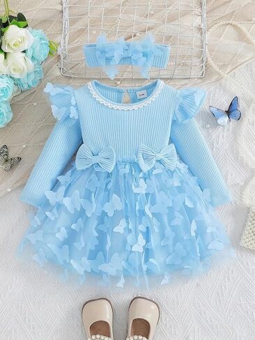 Baby Girl Butterfly Tulle Dress Long Sleeve Ribbed Party Dress with Bow and Headband Infant Clothes in Kuwait
