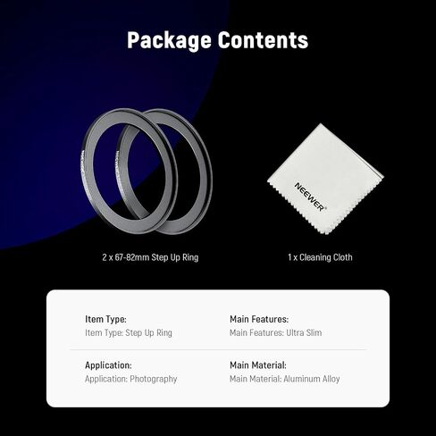 NEEWER 67-82mm Step Up Ring Adapter (2 Pack) with Cleaning Cloth, Ultra Slim Aluminum Alloy Lens Filter Adapter Ring for 67mm Camera Lens to Use 82mm Filter | Ultra Slim, Aluminum Alloy, Lens Filter Adapter Ring, for 67mm Camera Lens to Use 82mm Filter in Kuwait