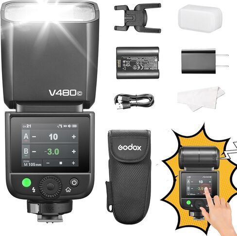 GODOX V480 F TTL Camera Flash for Fuji Cameras,GN50 1/8000 HSS,2.4GHz Wireless Speedlight,650 Full Power Flashes,1.7s Recycle Time,10 Levels LED Light with Rechargeable Battery in Kuwait