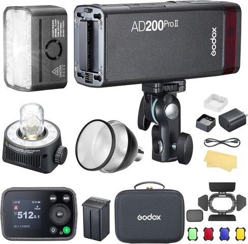 Godox AD200 Pro II Kit 2.4G Pocket Flash Strobe with BD-07II Barn Door Honeycomb and Godox AD-S2 Standard Reflector Upgraded Flash Head One-Tap Sync with X3 for Canon Nikon Sony Fuji Cameras in Kuwait
