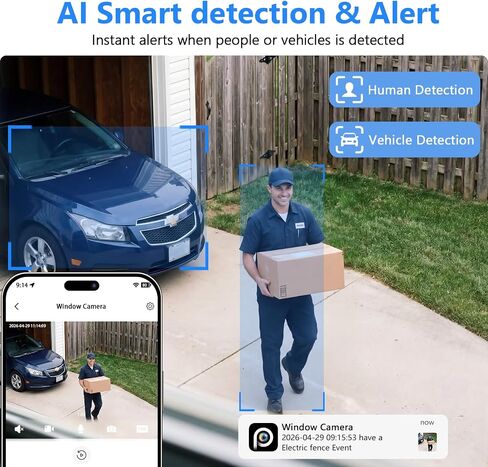 Hieasy 3K 5MP Window Camera with Adjustable Angle Mount, No Drill Magnetic Window Security Camera for Home Security, 5GHz&2.4GHz WiFi6, Color Night Vision, AI Human Vehicle Detection, 24/7 Recording in Kuwait