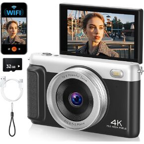 4K Digital Camera for Photography, 75MP Vlogging Cameras with Flip Screen | Built-in Wifi, 2500 mAh Battery, Autofocus, 16x Zoom, App Control, Compact Travel Camera for Beginners, Teens, Kids, Black in Kuwait