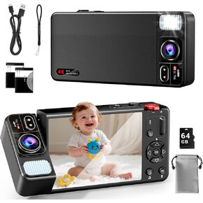 Digital Camera, 4K 64MP Cameras for Photography, 270°Flip Screen Vlogging Camera, Autofocus, Flash, 18X Zoom, 2 Batteries, 64GB Card, Point and Shoot Digital Cameras for Kids Teens, Black in Kuwait