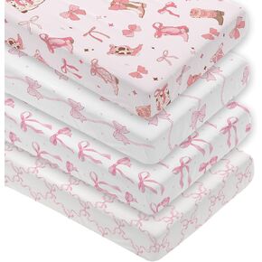 4 Pack Pink Bow Crib Sheet Set for Girl, Soft Breathable Fitted Pink Crib Sheet 28 x 52 in, Cowgirl Nursery Decor for Standard Crib and Toddler Bed Mattresses in Kuwait