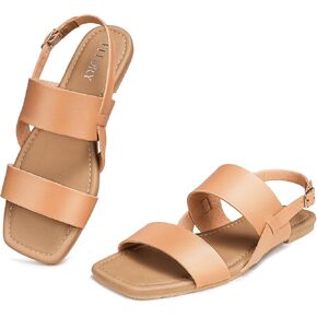 FITORY Flat Sandals for Women 2026 Comfortable Dressy Summer Beach Slides | Square Open Toe,Adjustable Buckle,Slingback Strap,Soft Cushioned Footbed,Casual Walking Vacation Sandals in Saudi Arabia