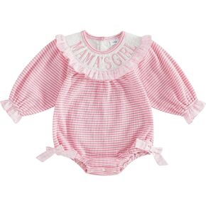 Newborn Baby Girl Fall Outfit Plaid Stripe Romper Letter Embroidery Side Bow Long Sleeve Jumpsuit Infant Clothes in Kuwait
