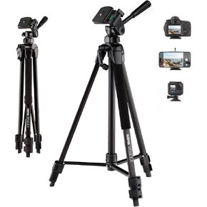 Sunpak 58-Inch Aluminum Camera Tripod with 3-Way Pan Head & Phone Adapter | Supports up to 8 lbs & extends to 58". Works with digital cameras, GoPros & smartphones. Features quick-release plate. in Kuwait