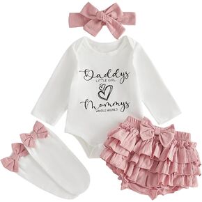 Hnyenmcko Newborn Baby Girl Fall Clothes Infant Long Sleeve Letter Romper Skirt Set + Headband + Socks 4Pcs Cute Clothing Set in Kuwait