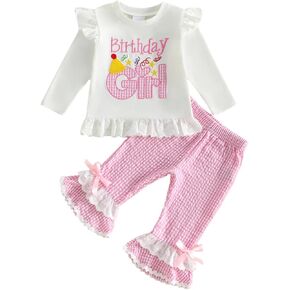 Toddler Baby Girl Birthday Clothes Birthday Girl Long Sleeve Tops Plaid Bell Bottoms Flare Pants Set Fall Outfit in Saudi Arabia