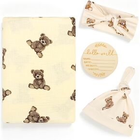 TANOFAR Muslin Swaddle Blankets for Girls Boys 4 Pack, Ultra Breathable Receiving Blankets Large 47 x 47 inches with Matching Headband and Beanie Set Baby Nursery Swaddle Wrap, Cute Bear in Saudi Arabia