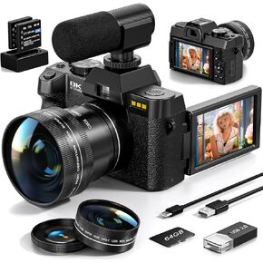 8K Digital Cameras for Photography, 64MP Vlogging Camera with 180°Flip Screen，2 Batteries, 64GB TF Card，16X Zoom, WiFi,Microphone, Wide & Macro Lens Kit (Black) (Black) in Kuwait