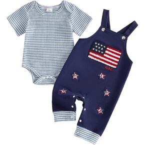 WASAIGOOD Newborn Infant Baby 4th of July Outfit Boy Striped Romper USA American Flag Overalls Toddlers Patriotic Clothes Set in Saudi Arabia