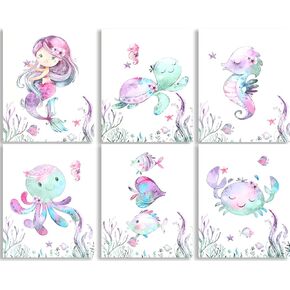 Watercolor Sea Marine Life Wall Art Prints,Sea Animals Prints Ocean Creatures Turtle,octopus,Hippocampus,Crab,Posters for Baby Nursery Kids Room Wall Decor Children's Bathroom Decor,Set of 4(8" X 10" in Saudi Arabia