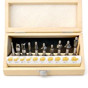 10-Piece Micro Router Bit Set, 1/4" Shank Carbide Mini Cutters for Model Making, Crafts & Detailed Woodworking, Flush Trim, Chamfer, Cove & Straight Profiles with Wooden Case in Kuwait