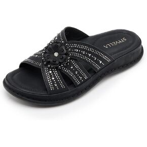 Rhinestone Flower Slide Sandals for Women, Arch Support (RUNS SMALL) | 1.77" Sparkly Slides, Comfortable Casual Walking Sandals For Summer in Saudi Arabia