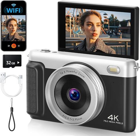 4K Digital Camera for Photography, 75MP Vlogging Cameras with Flip Screen | Built-in Wifi, 2500 mAh Battery, Autofocus, 16x Zoom, App Control, Compact Travel Camera for Beginners, Teens, Kids, Black in Kuwait