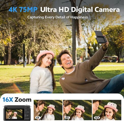 4K Digital Camera for Photography, 75MP Vlogging Cameras with Flip Screen | Built-in Wifi, 2500 mAh Battery, Autofocus, 16x Zoom, App Control, Compact Travel Camera for Beginners, Teens, Kids, Black in Kuwait