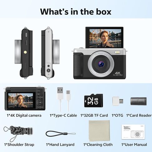 4K Digital Camera for Photography, 75MP Vlogging Cameras with Flip Screen | Built-in Wifi, 2500 mAh Battery, Autofocus, 16x Zoom, App Control, Compact Travel Camera for Beginners, Teens, Kids, Black in Kuwait