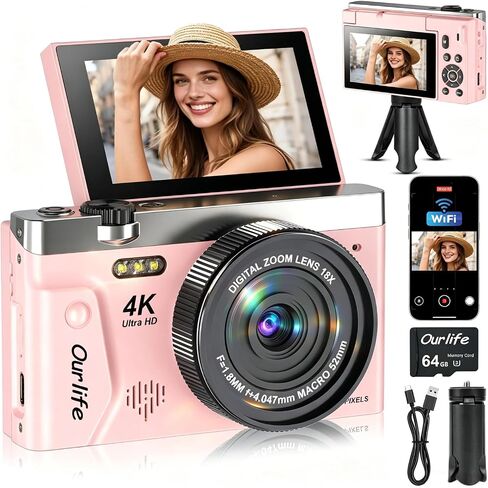 4K 75MP Digital Camera for Photography with Tripod(64GB Card) | 2026 Upgraded WiFi Vlogging Camera with Filp Screen for YouTube,18X Zoom Fill Light Compact Vlog Camera for Beginner Teens in Kuwait