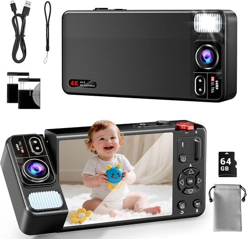 Digital Camera, 4K 64MP Cameras for Photography, 270°Flip Screen Vlogging Camera, Autofocus, Flash, 18X Zoom, 2 Batteries, 64GB Card, Point and Shoot Digital Cameras for Kids Teens, Black in Kuwait