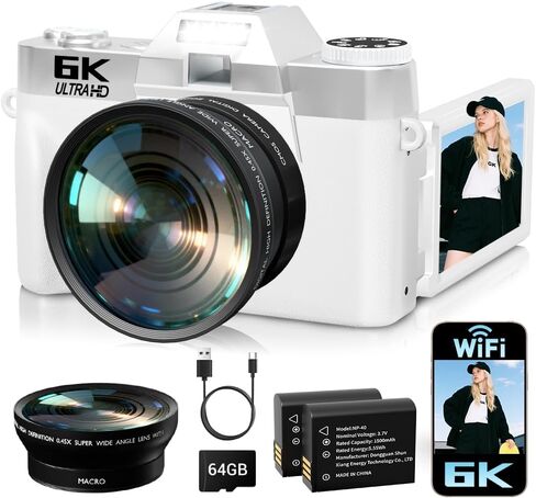 6K Digital Camera for Photography Autofocus, 2026 Upgraded WiFi Vlogging Camera for YouTube with 3" 180° Flip Screen 16X Zoom, 64GB SD Card & 2 Batteries Compact Travel Camera for Beginners Teens in Kuwait