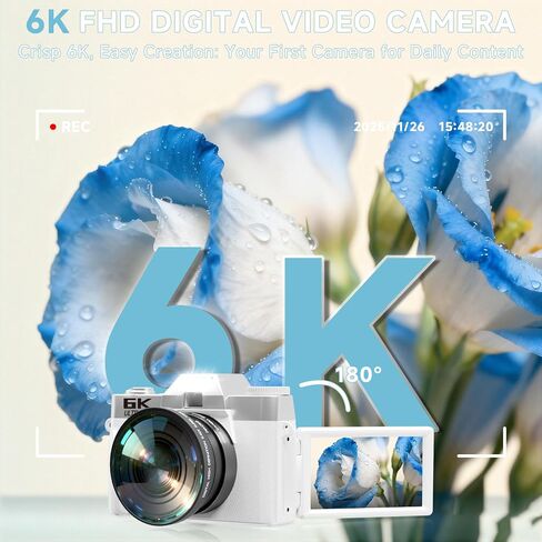 6K Digital Camera for Photography Autofocus, 2026 Upgraded WiFi Vlogging Camera for YouTube with 3" 180° Flip Screen 16X Zoom, 64GB SD Card & 2 Batteries Compact Travel Camera for Beginners Teens in Kuwait