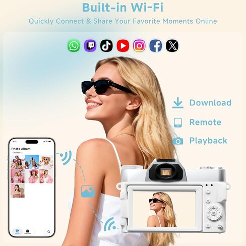 6K Digital Camera for Photography Autofocus, 2026 Upgraded WiFi Vlogging Camera for YouTube with 3" 180° Flip Screen 16X Zoom, 64GB SD Card & 2 Batteries Compact Travel Camera for Beginners Teens in Kuwait