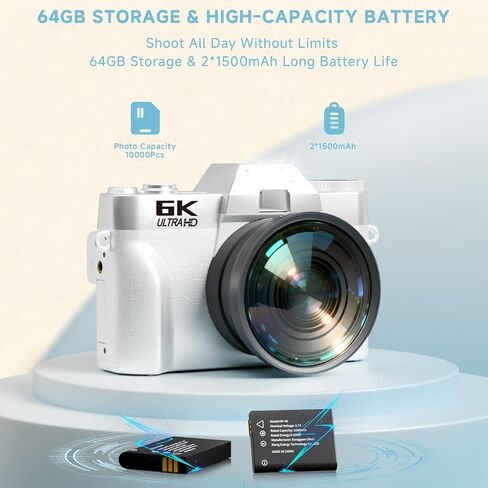 6K Digital Camera for Photography Autofocus, 2026 Upgraded WiFi Vlogging Camera for YouTube with 3" 180° Flip Screen 16X Zoom, 64GB SD Card & 2 Batteries Compact Travel Camera for Beginners Teens in Kuwait