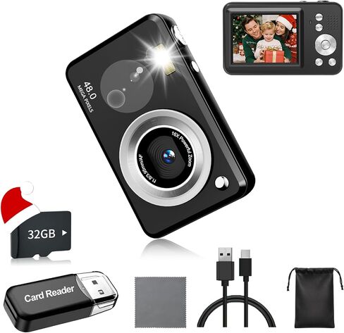 Digital Camera, FHD 1080P Point and Shoot Kids Camera, with 32GB Card,16X Zoom Anti Shake,48MP Compact Portable Small, for Starter Kid Children Teen Student Girl Boy in Kuwait