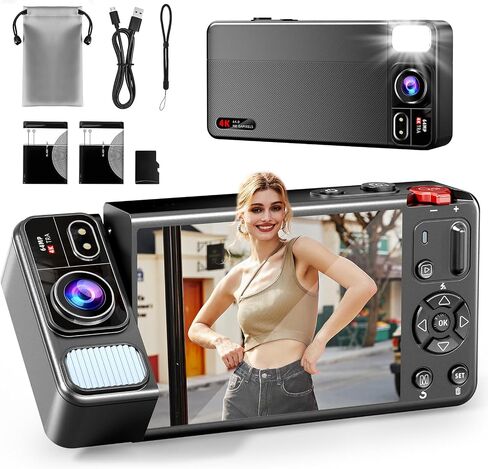 Digital Camera, 4K 64MP Cameras for Photography, 270°Flip Screen Kids Camera, Autofocus, Flash, 18X Zoom, 2 Batteries, 64GB Card, Point and Shoot Digital Cameras for Boys Girls Teens, Black in Kuwait
