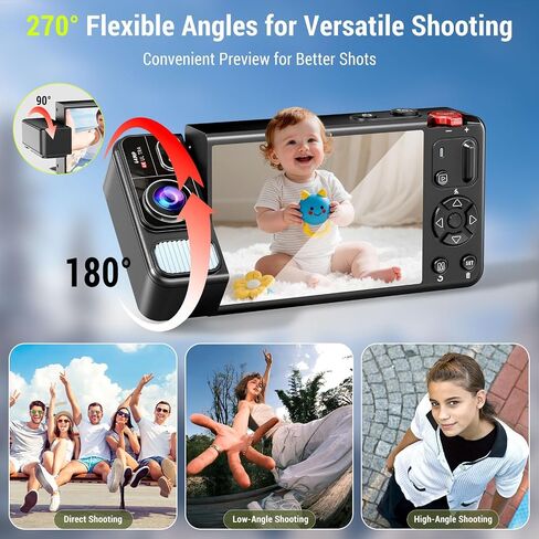 Digital Camera, 4K 64MP Cameras for Photography, 270°Flip Screen Kids Camera, Autofocus, Flash, 18X Zoom, 2 Batteries, 64GB Card, Point and Shoot Digital Cameras for Boys Girls Teens, Black in Kuwait
