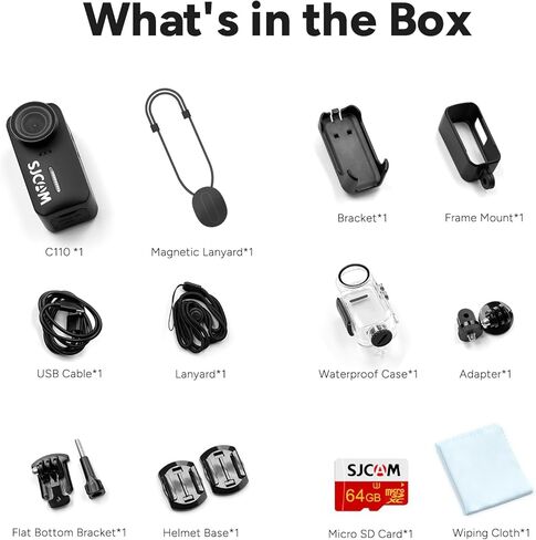 SJCAM C110Plus 64GB,4K POV Magnetic Action Camera,170° FOV Video,6-Axis Stabilization,Werable Body Camera, 30M Waterproof,for Travel,Skiing,Cycling,Built-in Mic for Vlogging,Helmet Mount in Kuwait