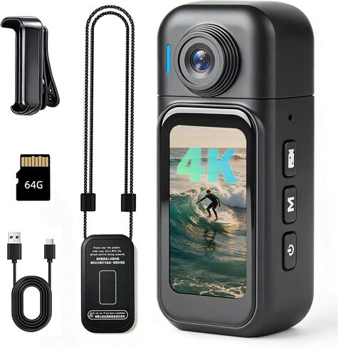 4K Mini Body Camera - 64GB Action Camera Portable POV Cam with Magnet Necklace 360° Back Clip for Vlogging Biking Fishing Baseball Motorcycle Travel(Black) in Kuwait