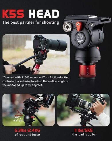 IFOOTAGE Cobra 3 Strike Monopod A150S Ⅲ&Komodo Head K5S,Portable Travel Kit | Pedal Design Base,One-Click to Extend Height 59"/150cm,Payload 11lbs/5KG in Kuwait