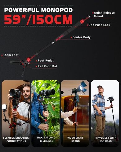 IFOOTAGE Cobra 3 Strike Monopod A150S Ⅲ&Komodo Head K5S,Portable Travel Kit | Pedal Design Base,One-Click to Extend Height 59"/150cm,Payload 11lbs/5KG in Kuwait