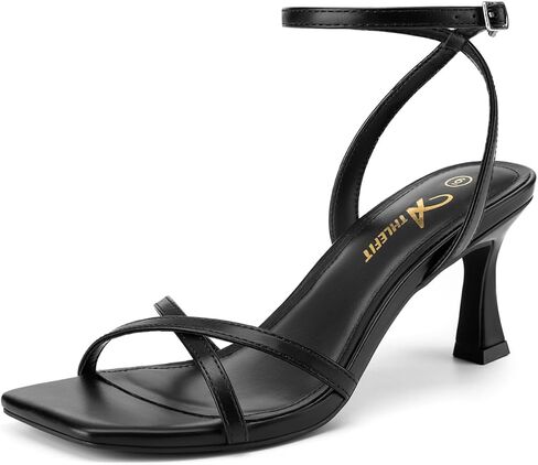 Athlefit Black Kitten Heels for Women Open Toe Strappy Dress High Heels 10 | 2.75-inch Kitten Heels, PU Upper, Adjustable Ankle Strap, Dressy Heeled Sandals for Work, Dinner, Business, Wedding Guest in Kuwait
